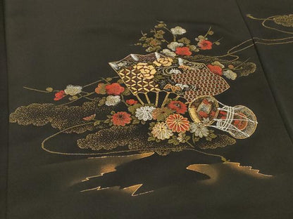 平和屋着物＃羽織　寿光織　扇面鼓花文　黒地　金銀糸　正絹　逸品　CABI6134in