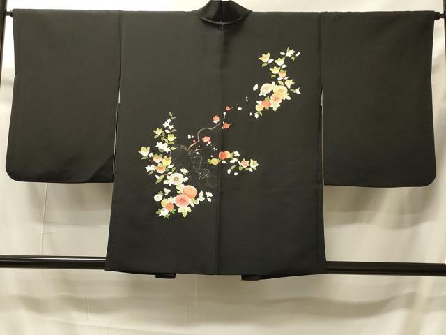 平和屋着物＃羽織　扇面草花文　黒地　金彩　正絹　逸品　CABI6141in