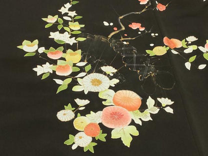 平和屋着物＃羽織　扇面草花文　黒地　金彩　正絹　逸品　CABI6141in