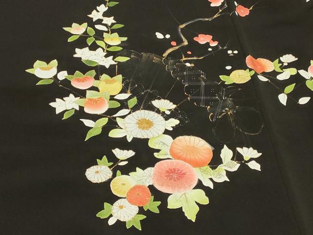 平和屋着物＃羽織　扇面草花文　黒地　金彩　正絹　逸品　CABI6141in