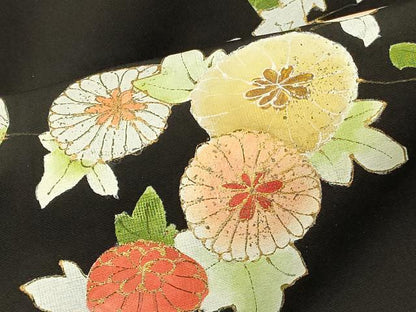 平和屋着物＃羽織　扇面草花文　黒地　金彩　正絹　逸品　CABI6141in