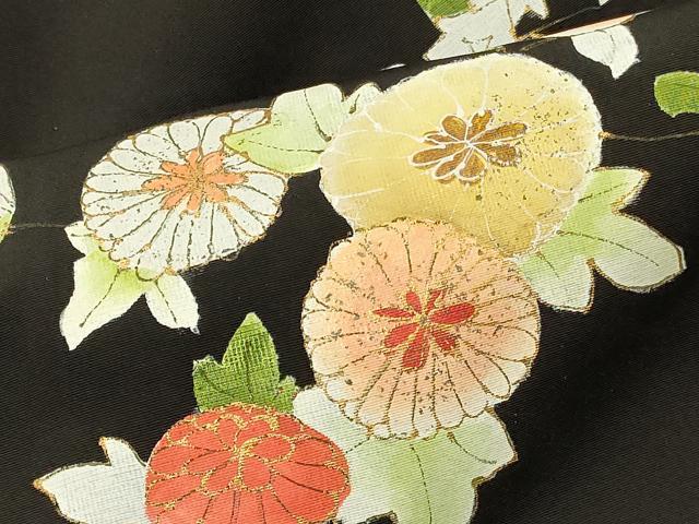 平和屋着物＃羽織　扇面草花文　黒地　金彩　正絹　逸品　CABI6141in