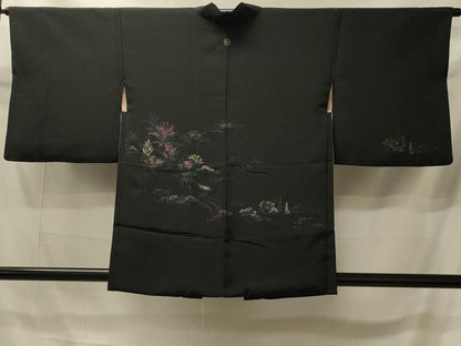 平和屋着物＃羽織　寿光織　渡り橋風景文　黒地　金糸　正絹　逸品　CABI6148in