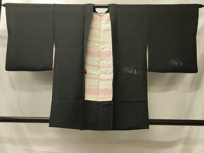 平和屋着物＃羽織　寿光織　渡り橋風景文　黒地　金糸　正絹　逸品　CABI6148in