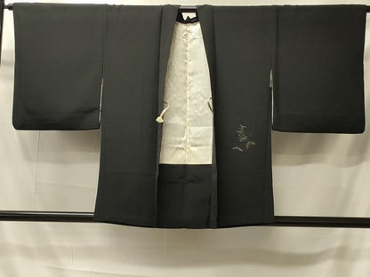 平和屋着物＃羽織　寿光織　御所車扇面花文　黒地　金銀糸　正絹　逸品　CABI6149in