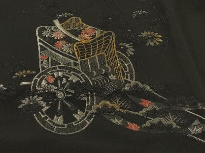 平和屋着物＃羽織　寿光織　御所車扇面花文　黒地　金銀糸　正絹　逸品　CABI6149in