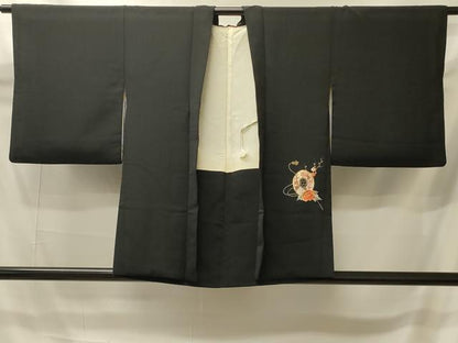 平和屋着物＃羽織　駒刺繍　総刺繍　鼓草花文　黒地　金銀糸　正絹　逸品　CABI6150in