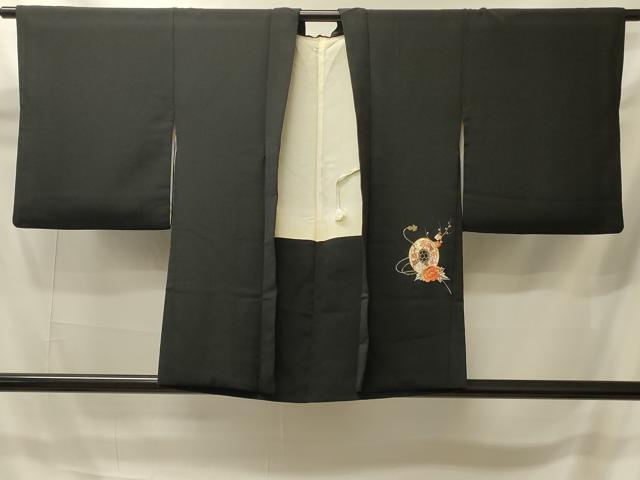 平和屋着物＃羽織　駒刺繍　総刺繍　鼓草花文　黒地　金銀糸　正絹　逸品　CABI6150in