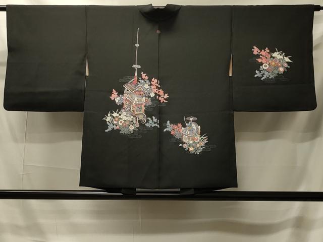 平和屋着物＃羽織　友禅　鉾　人物風景文　黒地　正絹　逸品　CABI6155in