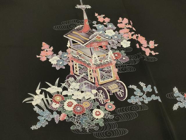 平和屋着物＃羽織　友禅　鉾　人物風景文　黒地　正絹　逸品　CABI6155in