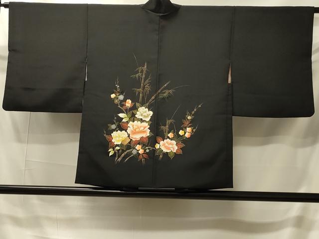 平和屋着物＃羽織　笹竹花文　黒地　金彩　正絹　逸品　CABI6157in