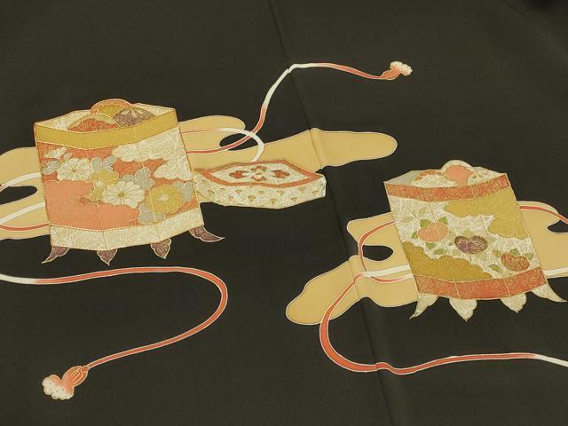 平和屋着物＃羽織　駒刺繍　貝桶花文　黒地　金彩　正絹　逸品　CABI6161in