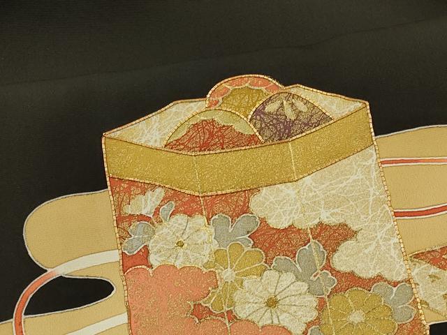 平和屋着物＃羽織　駒刺繍　貝桶花文　黒地　金彩　正絹　逸品　CABI6161in