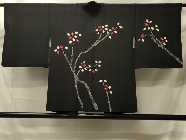 平和屋着物＃羽織　絞り　枝花文　黒地　正絹　逸品　CABI6162in