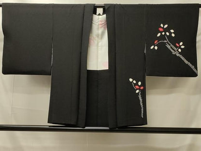 平和屋着物＃羽織　絞り　枝花文　黒地　正絹　逸品　CABI6162in