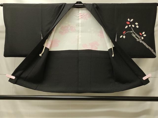 平和屋着物＃羽織　絞り　枝花文　黒地　正絹　逸品　CABI6162in