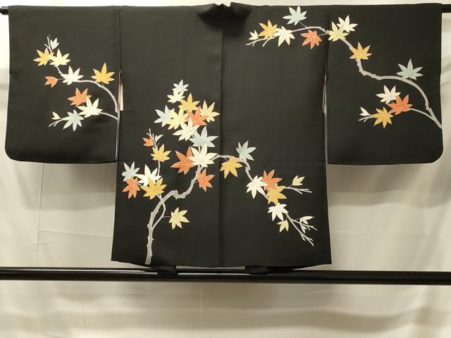 平和屋着物＃羽織　駒刺繍　枝楓文　黒地　金彩　正絹　逸品　CABI6165in