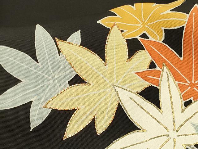 平和屋着物＃羽織　駒刺繍　枝楓文　黒地　金彩　正絹　逸品　CABI6165in