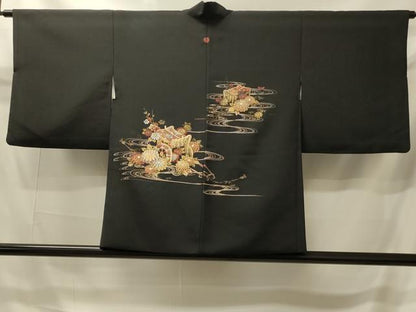 平和屋着物＃羽織　寿光織　流水御所車花文　黒地　金銀糸　正絹　逸品　CABI6166in