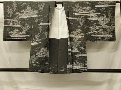 平和屋着物＃羽織　流水草花文　黒地　正絹　逸品　未使用　CABI6167in