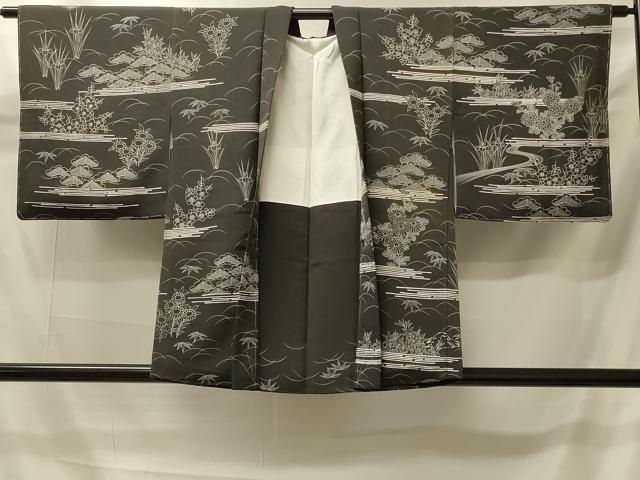平和屋着物＃羽織　流水草花文　黒地　正絹　逸品　未使用　CABI6167in
