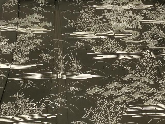 平和屋着物＃羽織　流水草花文　黒地　正絹　逸品　未使用　CABI6167in