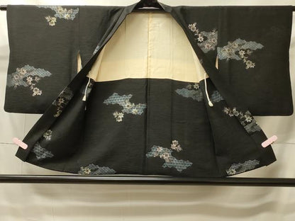平和屋着物＃羽織　寿光織　吉祥草花文　黒地　銀糸　正絹　逸品　CABI6169in