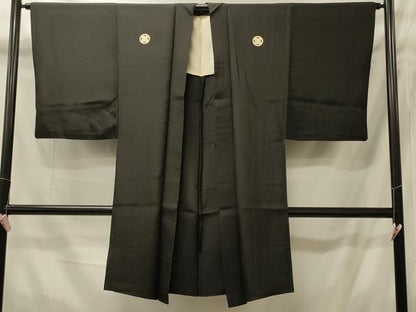 平和屋着物＃男性　長羽織　単衣　黒紋付き　正絹　逸品　CABI6203in