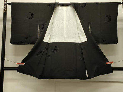 平和屋着物∞道行コート　輪奈ビロード　葡萄蔦の葉文　黒地　正絹　逸品　未使用　CABI6221in
