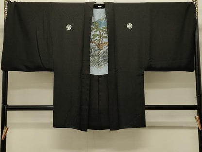 平和屋着物∞男性　長羽織　黒紋付き　銀通し地　キングサイズ　正絹　逸品　CABI6222in