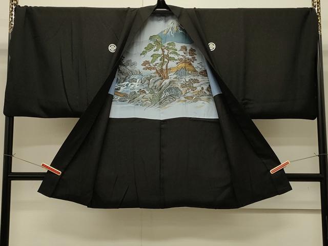 平和屋着物∞男性　長羽織　黒紋付き　銀通し地　キングサイズ　正絹　逸品　CABI6222in