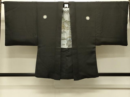平和屋着物∞男性　羽織　黒紋付き　菱地紋　正絹　逸品　CABI6226in