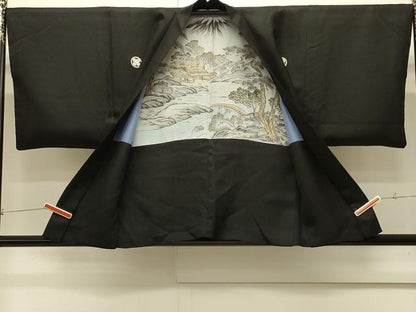 平和屋着物∞男性　羽織　黒紋付き　菱地紋　正絹　逸品　CABI6226in