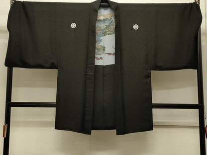 平和屋着物∞男性　長羽織　黒紋付き　銀通し地　キングサイズ　正絹　逸品　CABI6228in