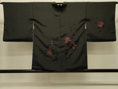 平和屋着物∞羽織　総刺繍　薔薇　バラ　黒地　正絹　逸品　CABI6230in