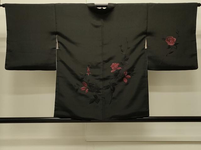 平和屋着物∞羽織　総刺繍　薔薇　バラ　黒地　正絹　逸品　CABI6230in
