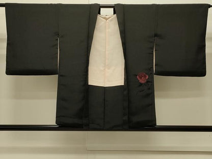 平和屋着物∞羽織　総刺繍　薔薇　バラ　黒地　正絹　逸品　CABI6230in