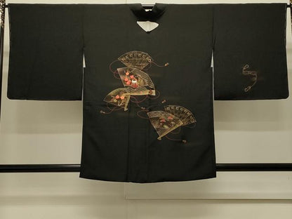 平和屋着物∞羽織　刺繍　扇面花鳥文　黒地　金彩　正絹　逸品　未使用　CABI6238in
