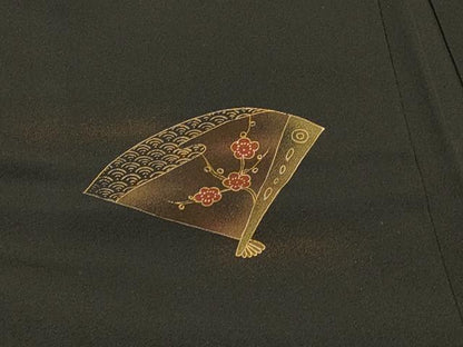 平和屋着物∞羽織　刺繍　扇面花鳥文　黒地　金彩　正絹　逸品　未使用　CABI6238in