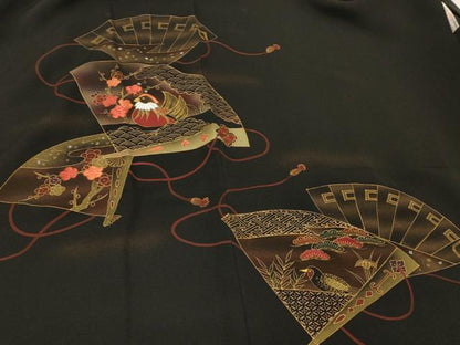 平和屋着物∞羽織　刺繍　扇面花鳥文　黒地　金彩　正絹　逸品　未使用　CABI6238in