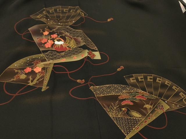 平和屋着物∞羽織　刺繍　扇面花鳥文　黒地　金彩　正絹　逸品　未使用　CABI6238in