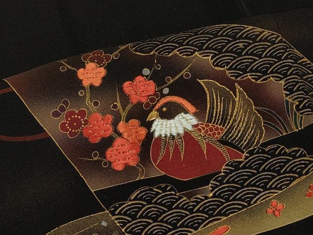 平和屋着物∞羽織　刺繍　扇面花鳥文　黒地　金彩　正絹　逸品　未使用　CABI6238in