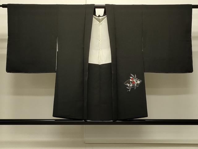 平和屋着物∞羽織　地紙草花文　黒地　正絹　逸品　CABI6242in