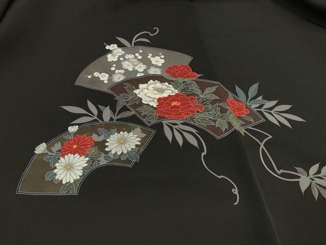 平和屋着物∞羽織　地紙草花文　黒地　正絹　逸品　CABI6242in