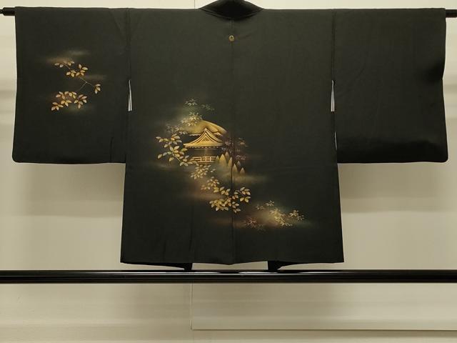 平和屋着物∞羽織　風景枝葉文　黒地　金彩　正絹　逸品　CABI6243in