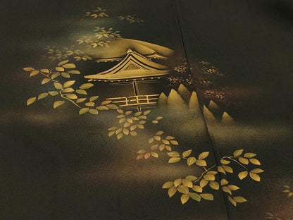 平和屋着物∞羽織　風景枝葉文　黒地　金彩　正絹　逸品　CABI6243in