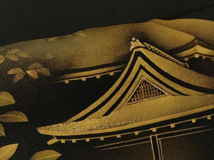 平和屋着物∞羽織　風景枝葉文　黒地　金彩　正絹　逸品　CABI6243in