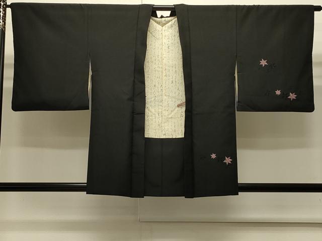 平和屋着物∞羽織　総刺繍　流水舞葉文　黒地　正絹　逸品　CABI6253in