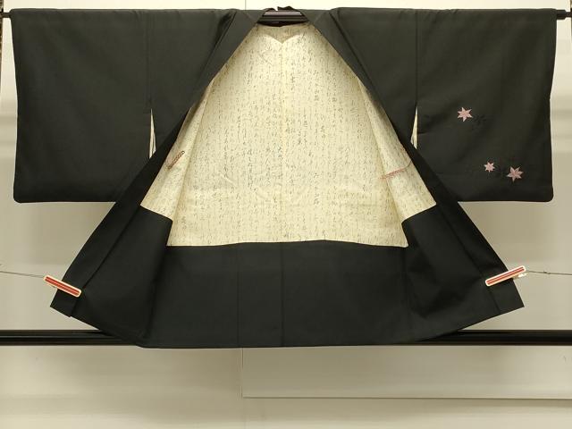 平和屋着物∞羽織　総刺繍　流水舞葉文　黒地　正絹　逸品　CABI6253in