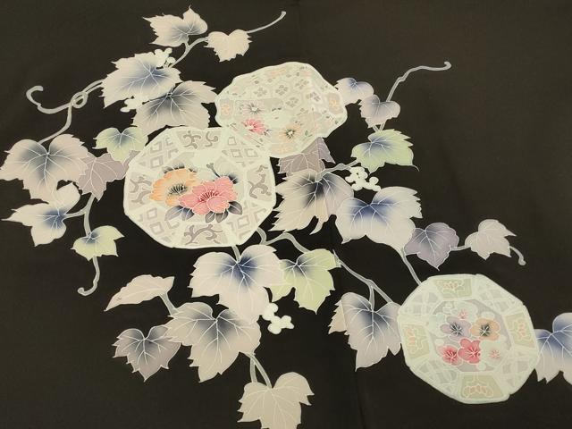 平和屋着物∞羽織　刺繍　絵皿葡萄蔦の葉文　黒地　正絹　逸品　未使用　CABI6263in